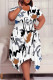 White Casual Geometric Print Pocket Irregular Contrast O Neck Irregular Plus Size Dresses
