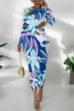 Brownness Elegant Floral Print Tie Dye Contrast O Neck Printed Dresses