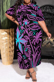 White Green Casual Geometric Print Pocket Contrast O Neck Printed Plus Size Dresses