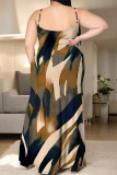 Black And White Sexy Geometric Print Leopard Slit Contrast U Neck Sling Plus Size Dresses