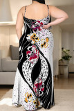 Black And White Sexy Geometric Print Leopard Slit Contrast U Neck Sling Plus Size Dresses
