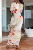 Orange Yellow Elegant Floral Print Contrast O Neck One Step Skirt Dresses