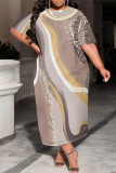 White Green Casual Geometric Print Pocket Contrast O Neck Printed Plus Size Dresses