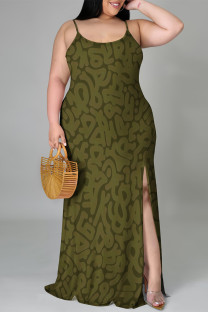 Army Green Sexy Geometric Print Leopard Slit Contrast U Neck Sling Plus Size Dresses
