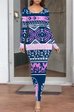 Blue Casual Geometric Print Contrast O Neck One Step Skirt Dresses