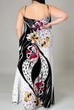 Black And White Sexy Geometric Print Leopard Slit Contrast U Neck Sling Plus Size Dresses