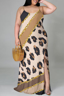 Khaki Sexy Geometric Print Leopard Slit Contrast U Neck Sling Plus Size Dresses