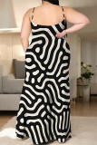 Black And White Sexy Geometric Print Leopard Slit Contrast U Neck Sling Plus Size Dresses