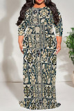 Navy Blue Casual Floral Print Lace Up Contrast O Neck Printed Plus Size Dresses