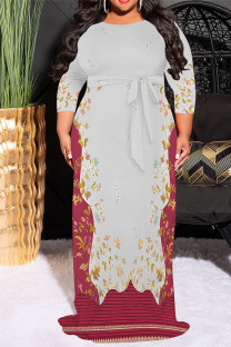 Grey Red Casual Floral Print Lace Up Contrast O Neck Printed Plus Size Dresses