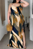 Black And White Sexy Geometric Print Leopard Slit Contrast U Neck Sling Plus Size Dresses