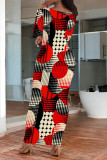 Green Yellow Elegant Geometric Print Flowers Contrast O Neck One Step Skirt Dresses