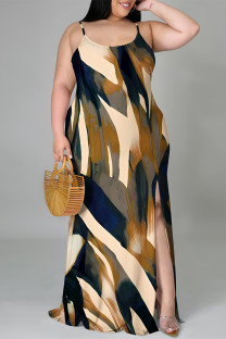 Multicolor Sexy Geometric Print Leopard Slit Contrast U Neck Sling Plus Size Dresses