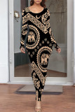 Blue Casual Geometric Print Contrast O Neck One Step Skirt Dresses