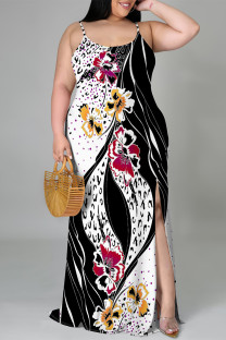 Black And White Sexy Geometric Print Leopard Slit Contrast U Neck Sling Plus Size Dresses