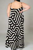 Black And White Sexy Geometric Print Leopard Slit Contrast U Neck Sling Plus Size Dresses