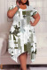 White Green Casual Geometric Print Pocket Irregular Contrast O Neck Irregular Plus Size Dresses