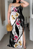 Black And White Sexy Geometric Print Leopard Slit Contrast U Neck Sling Plus Size Dresses