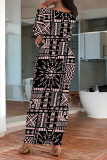 Blue Casual Geometric Print Contrast O Neck One Step Skirt Dresses