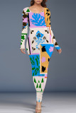 Blue Casual Geometric Print Contrast O Neck One Step Skirt Dresses