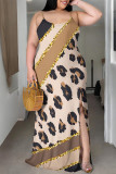 Black And White Sexy Geometric Print Leopard Slit Contrast U Neck Sling Plus Size Dresses
