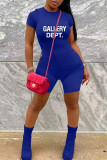 Color Blue Casual Letter Print Zipper O Neck Skinny Rompers