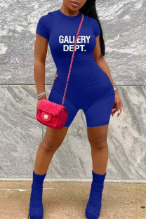 Blue Casual Letter Print Zipper O Neck Skinny Rompers