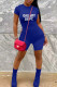 Blue Casual Letter Print Zipper O Neck Skinny Rompers