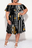 Pink Sexy Floral Print Flounce Off Shoulder Printed Plus Size Dresses