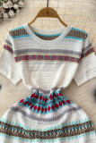 White Sexy Stripe Patchwork O Neck Wrapped Skirt Dresses