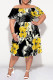 Black Yellow Sexy Floral Print Flounce Off Shoulder Printed Plus Size Dresses