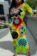 Green Yellow Elegant Geometric Print Flowers Contrast O Neck One Step Skirt Dresses