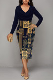 Navy Blue Casual Geometric Print Contrast V Neck Printed Dresses