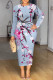 Baby Blue Casual Floral Print Contrast O Neck Printed Dresses