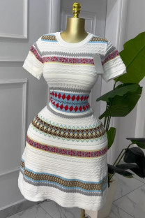 White Sexy Stripe Patchwork O Neck Wrapped Skirt Dresses