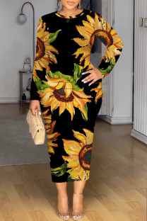 Black Casual Floral Print Contrast O Neck Printed Dresses
