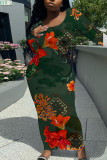 Green Yellow Elegant Geometric Print Flowers Contrast O Neck One Step Skirt Dresses