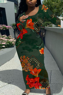Ink Green Elegant Geometric Print Flowers Contrast O Neck One Step Skirt Dresses