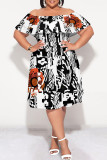 Pink Sexy Floral Print Flounce Off Shoulder Printed Plus Size Dresses