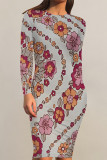 Grey Elegant Floral Print Butterfly Stripe Contrast O Neck Printed Dresses