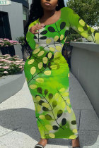 Green Elegant Floral Print Contrast O Neck One Step Skirt Dresses