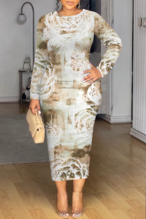 Yellow Brown Elegant Floral Print Tie Dye Contrast O Neck Printed Dresses