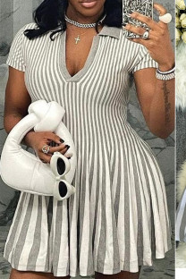 Grey Casual Stripe Patchwork V Neck Printed Dresses