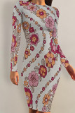 Grey Elegant Floral Print Butterfly Stripe Contrast O Neck Printed Dresses