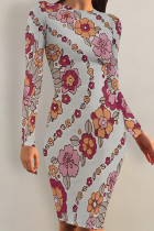 Grey Elegant Floral Print Butterfly Stripe Contrast O Neck Printed Dresses