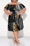 Pink Sexy Floral Print Flounce Off Shoulder Printed Plus Size Dresses