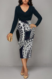 Navy Blue Casual Geometric Print Contrast V Neck Printed Dresses