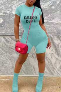 Color Blue Casual Letter Print Zipper O Neck Skinny Rompers