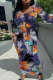 Dark Purple Elegant Floral Print Contrast O Neck One Step Skirt Dresses