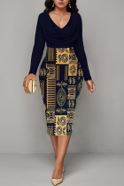 Navy Blue Casual Geometric Print Contrast V Neck Printed Dresses